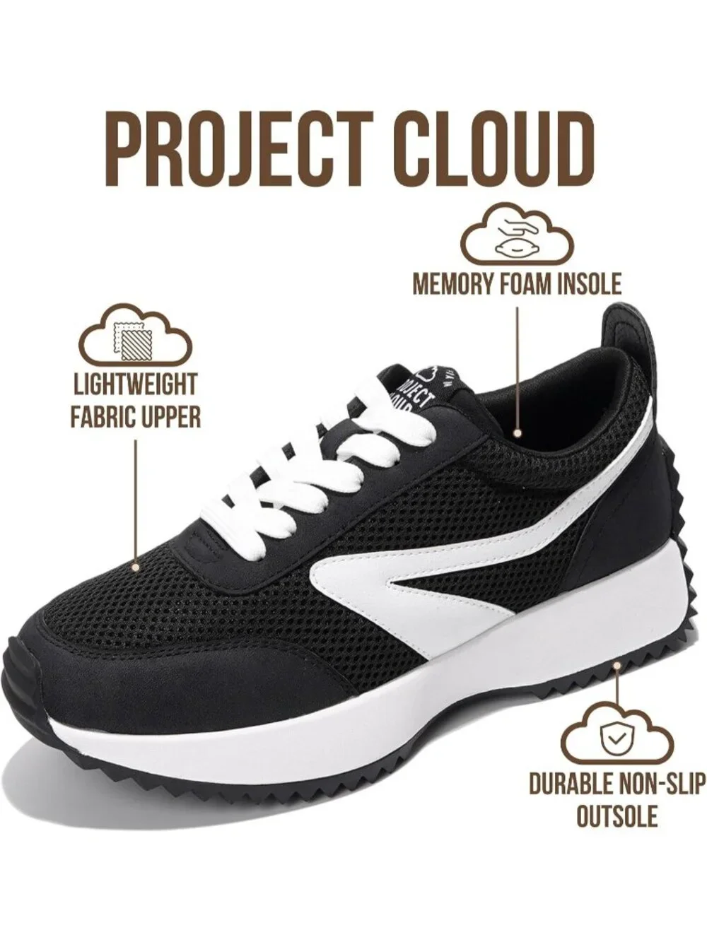 🆕Project Cloud Women's Black White Sneakers Memory Foam Lightweight Lace Up